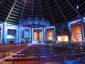 interior with ethereal blue light from the stained glass
