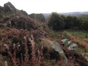 Mow Cop rocks with the Cheshire plain in the background