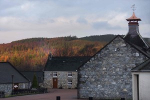 the typical pagoda-style roof of distilleries, with the late autumn colours 